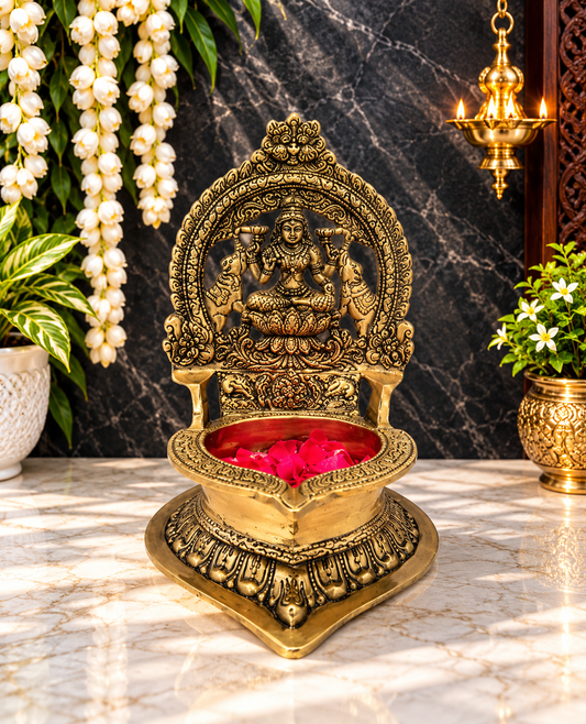 Brassaura® Brass Lakshmi Diya Idol | Pure Superfine Brass Handcrafted Murti | Brass Statue for Home Temple, Pooja Room | Height 11.8 Inches | Weight 4 Kgs