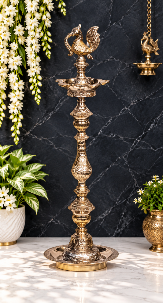 Brassaura® Brass Peacock Design Oil Lamp – Height 22.05 inches | Weight 2.32 kgs