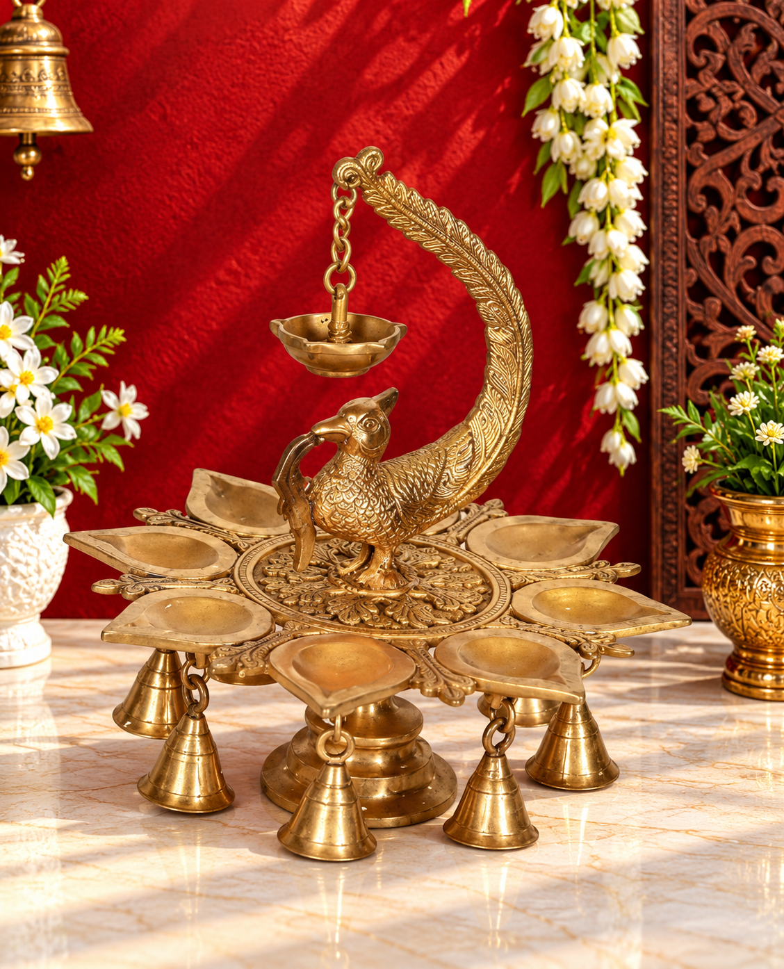 Brassaura® Svarup Brass Peacock Decorative Multi Diya with Bell – Height 10 inches | Weight 2.9 kgs