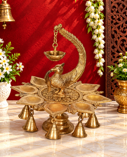 Brassaura® Svarup Brass Peacock Decorative Multi Diya with Bell – Height 10 inches | Weight 2.9 kgs
