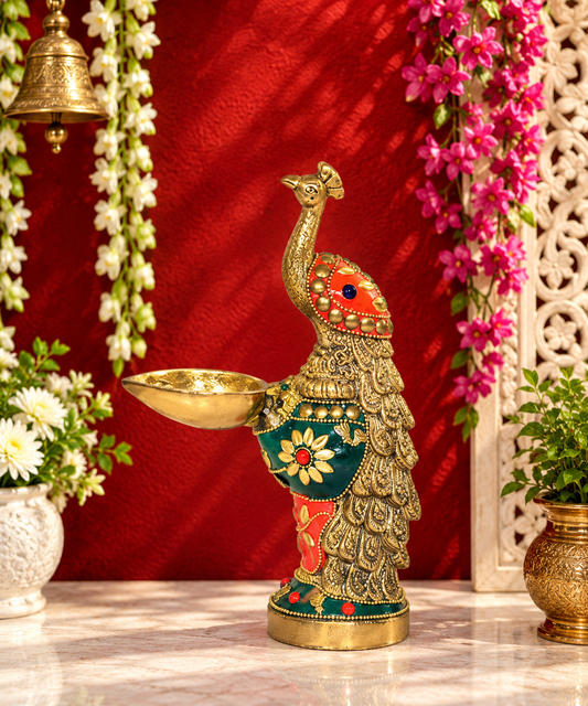 Brassaura® Brass Peacock Oil Lamp Diya with Multicolor Artistic Finish | Pure Superfine Brass Handcrafted Murti | Brass Statue for Home Temple, Pooja Room | Height 7 Inches | Weight 0.95 Kgs