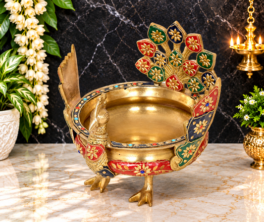Brassaura® Brass Peacock Design Urli with Traditional Handcrafted Multi-Tone Finish | Pure Superfine Brass Handcrafted Murti | Brass Statue for Home Temple, Pooja Room | Height 8.5 Inches | Weight 3 Kgs