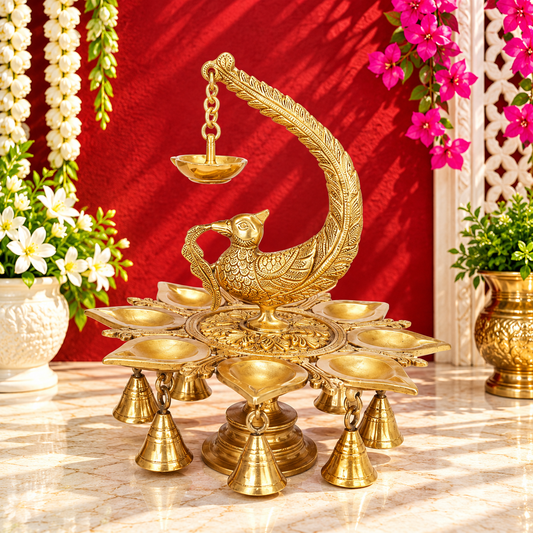 Brassaura® Brass Parrot Hanging Diya with Bells | Pure Superfine Brass Handcrafted Murti | Brass Statue for Home Temple, Pooja Room | Height 10 Inches | Weight 2.9 Kgs