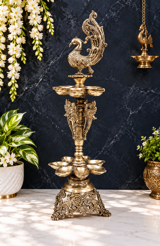 Brassaura® Handmade 2-Layer Peacock Brass Lamp with Ten Wicks – Height 23.03 inches | Weight 5.30 kgs