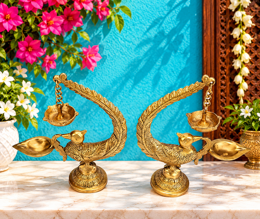 Brassaura® Brass Peacock Bird Design Diya Pair (2 Pcs) with Traditional Brass Finish | Pure Superfine Brass Handcrafted Murti | Brass Statue for Home Temple, Pooja Room | Height 8 Inches | Weight 2.2kgs