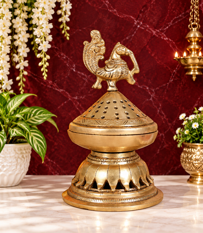 Brassaura® Peacock Brass Dhoop Dani | Traditional Incense Burner with Peacock Finial | Height 6.5 Inches & Weight 1.11 Kgs