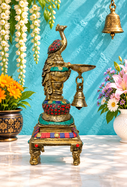Brassaura® Brass Peacock Diya with Gem Stone Work | Handcrafted Decorative Oil Lamp | Height 11 Inches & Weight 2 Kgs