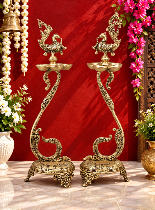 Brassaura® Peacock Deepam Brass Floor Lamp Pair | Traditional Temple Design | Height 27 Inches & Weight 9.86 Kgs