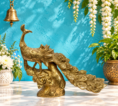 Brassaura® Brass Golden Peacock Statue | Handcrafted Decorative Showpiece | Height 11 Inches & Weight 3.8 Kgs