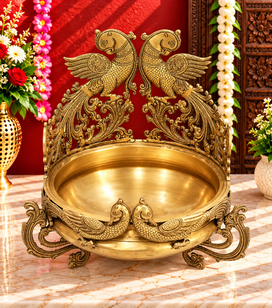 Brassaura® Twin Peacock Designer Brass Urli Bowl | Pure Brass | Height 17 Inches & Weight 11.90 kgs