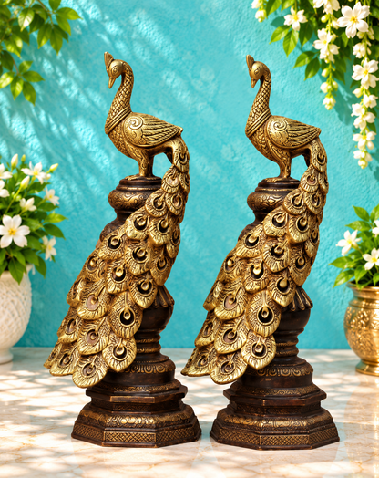 Brassaura® Pair of Brass Peacock Décor Showpieces | Handcrafted Vintage Finish Sculptures | Height 19 Inches & Weight 14.5 Kgs