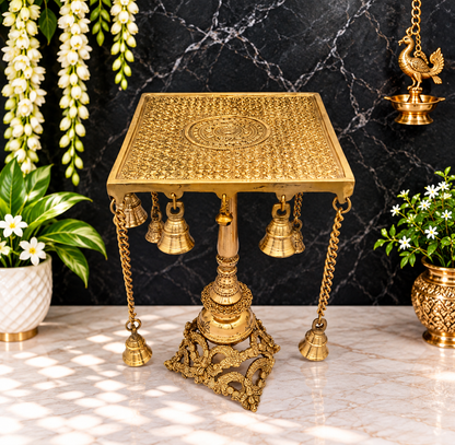 Brassaura® Brass Pooja Chowki With Hanging Bells – Height 16 Inches & Weight 5 Kgs | Artistic Pooja Room Décor