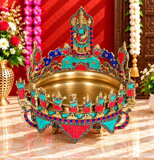 Brassaura® Balaji Brass Urli with Multicolor Inlay Work | Pure Brass | Height 17 Inches & Weight 14 kgs