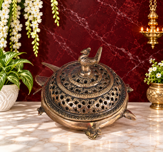 Brassaura® Brass Dhoop Dani with Ornate Jali Work | Traditional Incense Burner for Pooja & Rituals | Height 4.3 Inches & Weight 1.31 Kgs