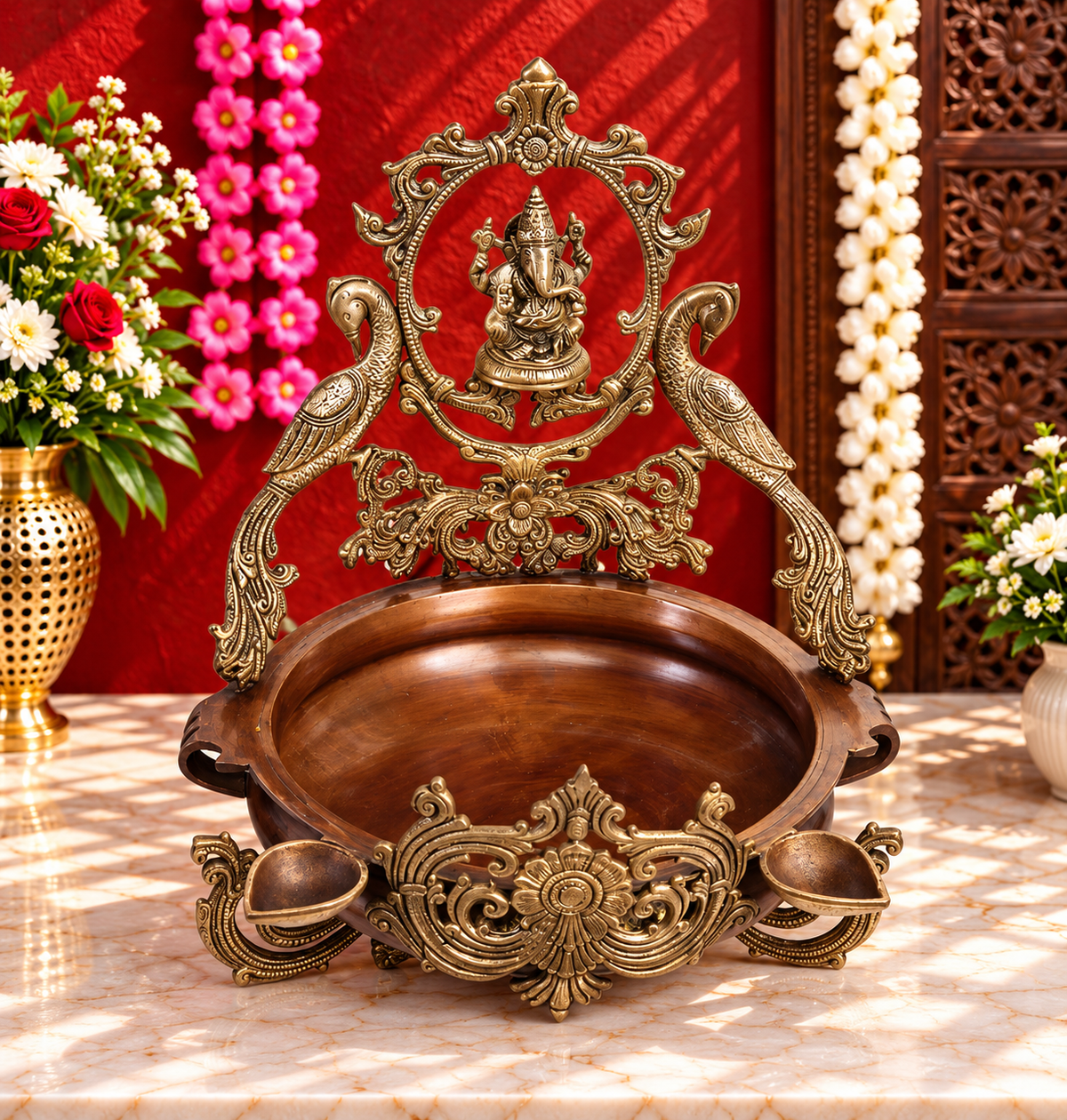 Brassaura® Brass Ganesha Urli with Peacock Lamps | Pure Superfine Brass Handcrafted Murti | Brass Statue for Home Temple, Pooja Room | Height 19.5 Inches | Weight 12.27 Kgs