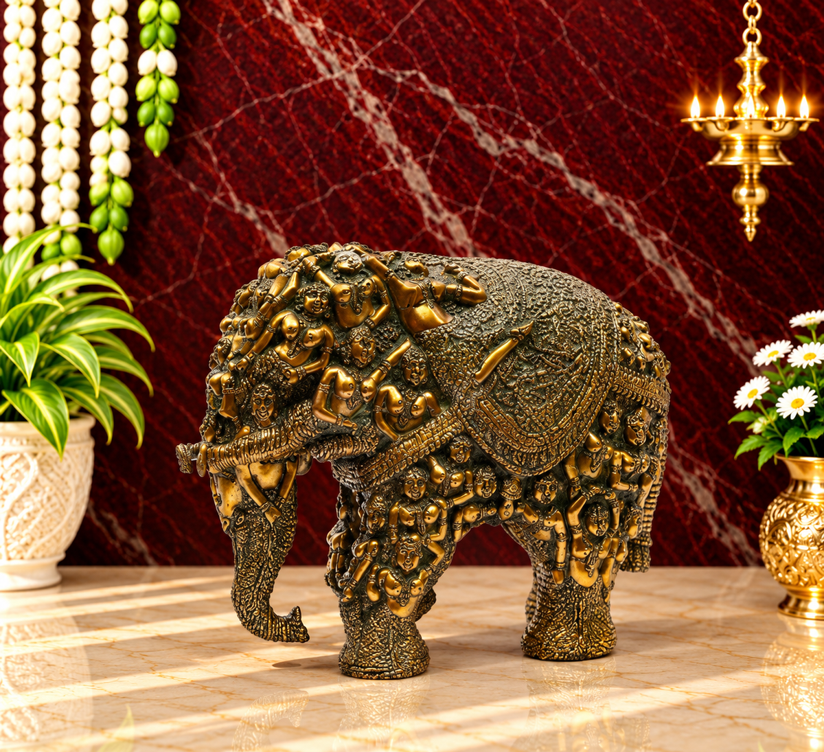 ब्रासुरा® जटिल रूप से गढ़ी गई पीतल की हाथी की मूर्ति | शुद्ध पीतल | ऊंचाई 11 इंच और वज़न 17 किग्रा