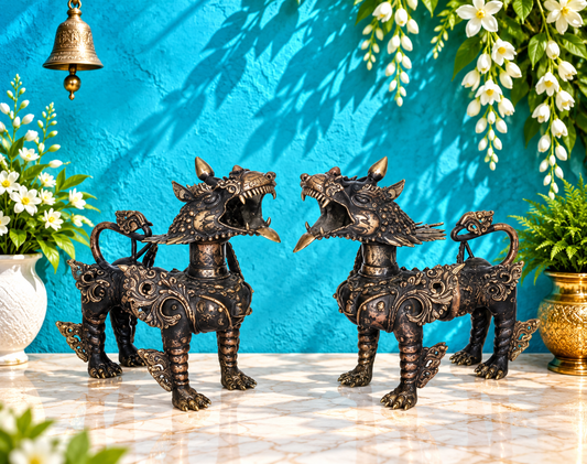 Brassaura® तिब्बती हिम सिंह संरक्षक पीतल की मूर्तियों का जोड़ा | शुद्ध पीतल | ऊंचाई 9.6 इंच और वजन 4.20 किलोग्राम