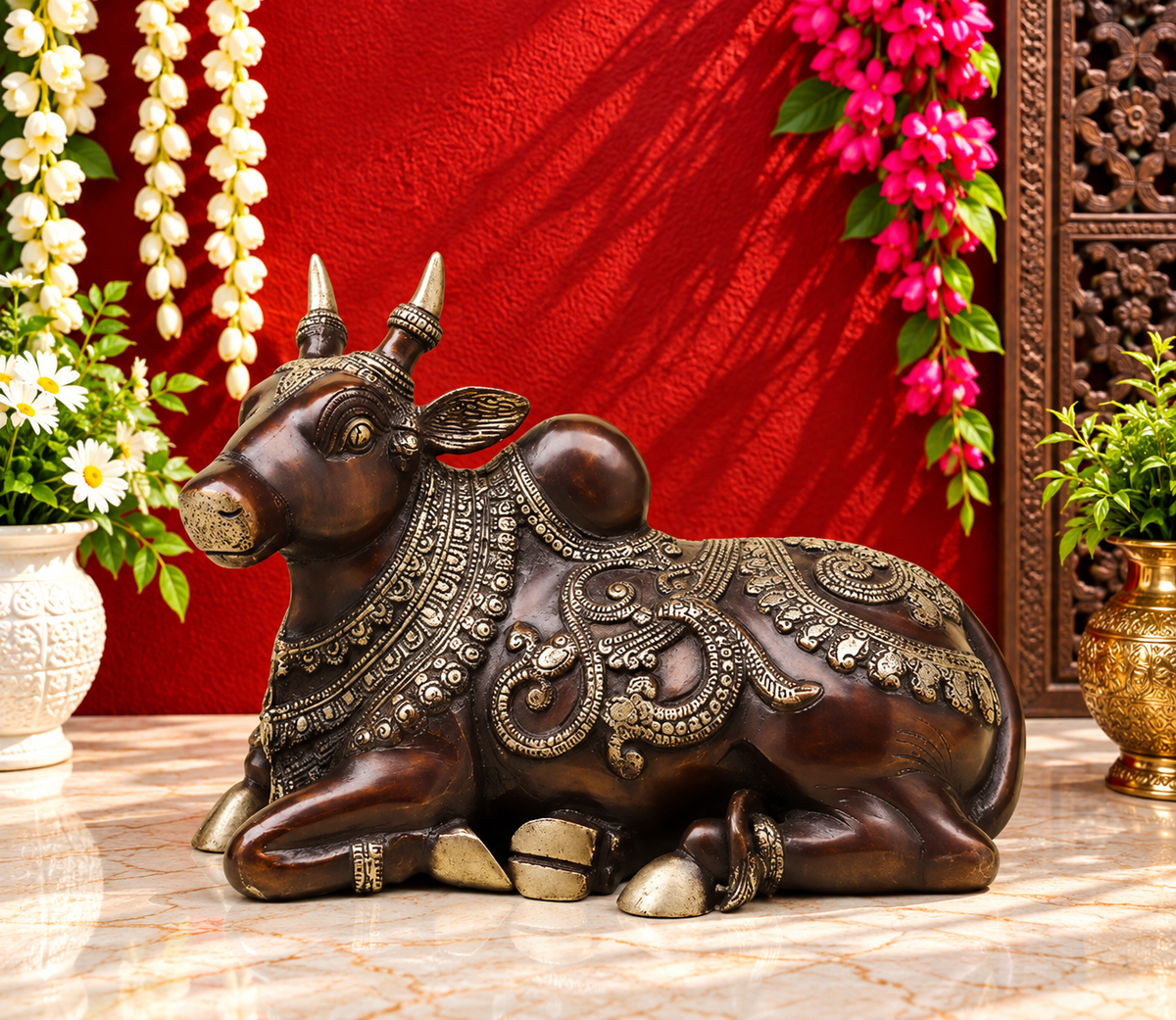 Brassaura® Brass Nandi Statue with Antique Brass Finish | Pure Superfine Brass Handcrafted Murti | Brass Statue for Home Temple, Pooja Room | Height 10 Inches | Weight 8.76 Kgs