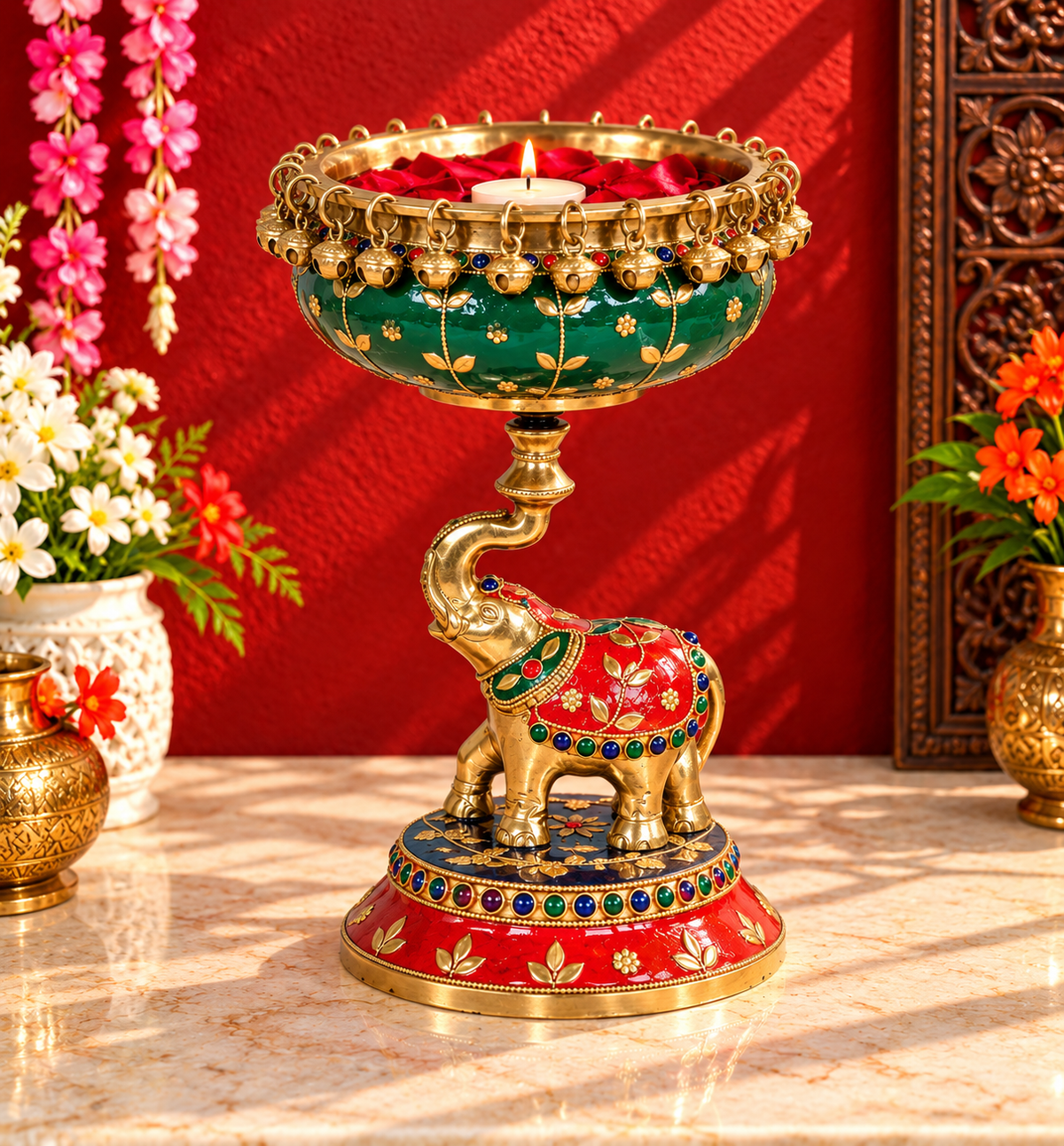 Brassaura® Brass Elephant Stonework Urli with Antique Brass Finish with Decorative Stonework | Pure Superfine Brass Handcrafted Murti | Brass Statue for Home Temple, Pooja Room | Height 9 Inches | Weight 2.2 Kgs