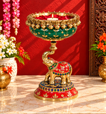 Brassaura® Brass Elephant Stonework Urli with Antique Brass Finish with Decorative Stonework | Pure Superfine Brass Handcrafted Murti | Brass Statue for Home Temple, Pooja Room | Height 9 Inches | Weight 2.2 Kgs