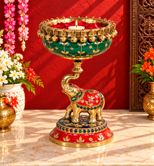 Brassaura® Brass Elephant Stonework Urli with Antique Brass Finish with Decorative Stonework | Pure Superfine Brass Handcrafted Murti | Brass Statue for Home Temple, Pooja Room | Height 9 Inches | Weight 2.2 Kgs