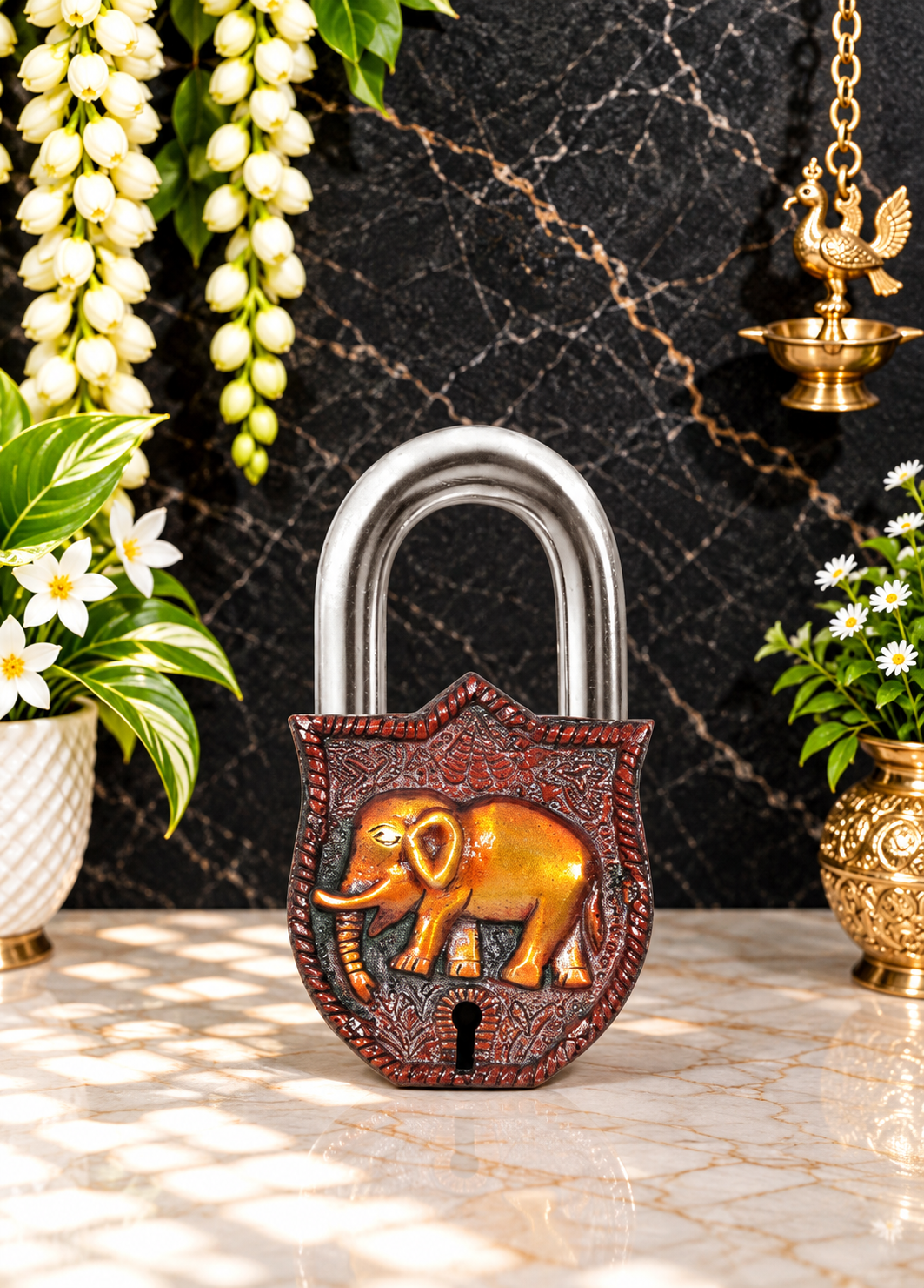 Brassaura® Brass Elephant Door Lock with Multicolor Artistic Handcrafted Finish | Pure Superfine Brass Handcrafted Murti | Brass Statue for Home Temple, Pooja Room | Height 4.5 Inches | Weight 0.45 Kgs