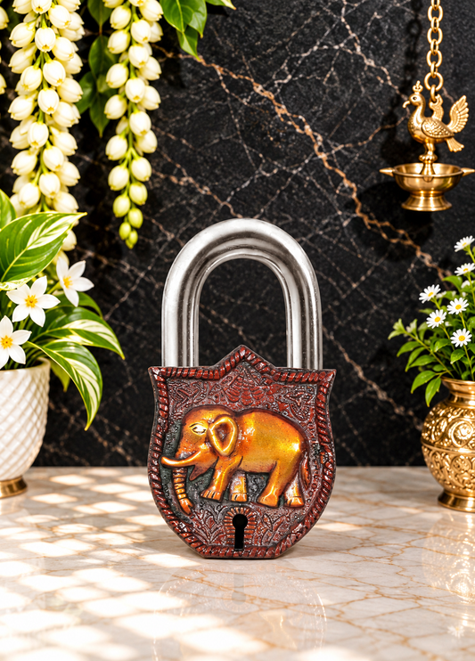 Brassaura® Brass Elephant Door Lock with Multicolor Artistic Handcrafted Finish | Pure Superfine Brass Handcrafted Murti | Brass Statue for Home Temple, Pooja Room | Height 4.5 Inches | Weight 0.45 Kgs