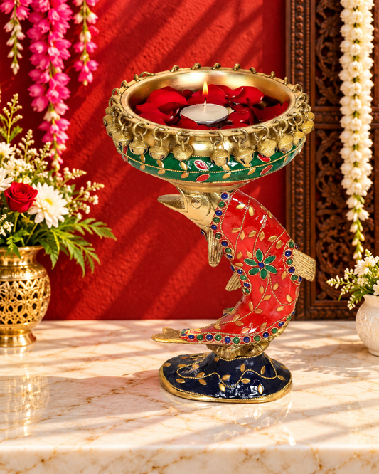 Brassaura® Brass Urli Bowl on Fish Base with Traditional Handcrafted Multi-Tone Finish | Pure Superfine Brass Handcrafted Murti | Brass Statue for Home Temple, Pooja Room | Height 11 Inches | Weight 2.65 Kgs