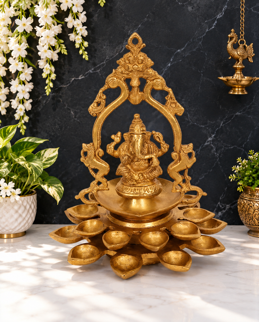 Brassaura® Handmade Ganesha Brass Lamp – Height 12.60 inches | Weight 3.59 kgs