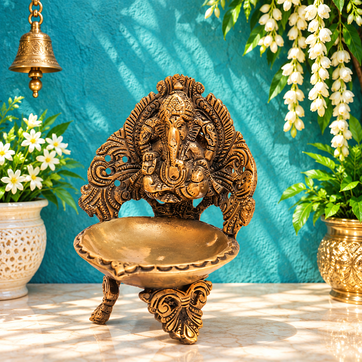 Brassaura® Brass Ganesh Diya with Golden Brass Finish | Pure Superfine Brass Handcrafted Murti | Brass Statue for Home Temple, Pooja Room | Height 5 Inches | Weight 0.7 Kgs