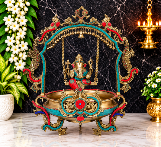 - auspicious beginnings                Brassaura® Ganesha Jhula Brass Urli with Antique Brass Tone with Multicolor Stone Inlay Finish | Pure Superfine Brass Handcrafted Murti | Brass Statue for Home Temple, Pooja Room | Height 24 Inches | Weight 14.25 Kgs