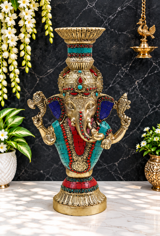 Brassaura™ Brass Ganesha Candle Stand with Inlay Work | Height 13 Inches & Weight 4.51 kgs