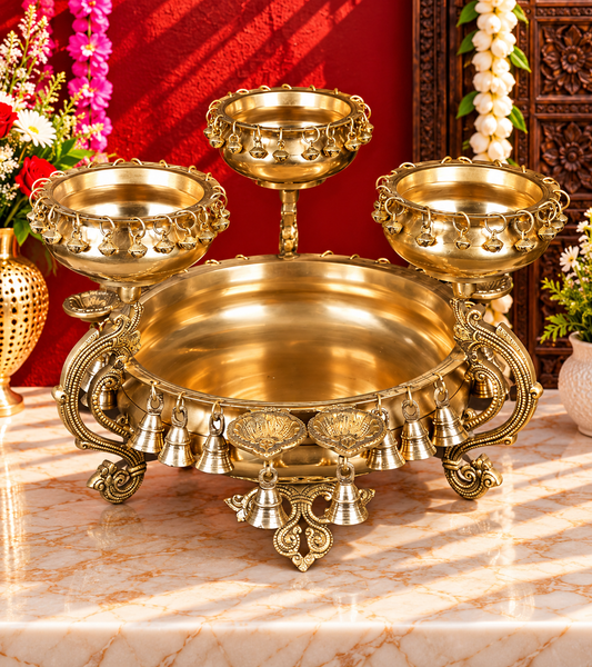 Brassaura® Four in One Designer Brass Urli with Bells and Diyas | Pure Brass | Height 12.6 Inches & Weight 15.75 kgs