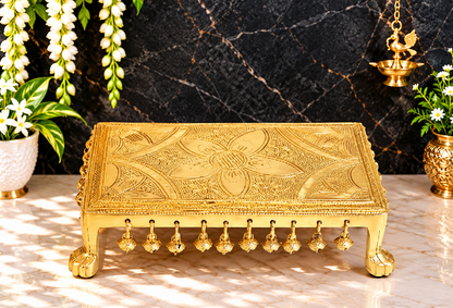 Brassaura® Brass Pooja Chowki With Hanging Bells – Height 3.1 Inches & Weight 3.2 Kgs | Artistic Pooja Room Décor