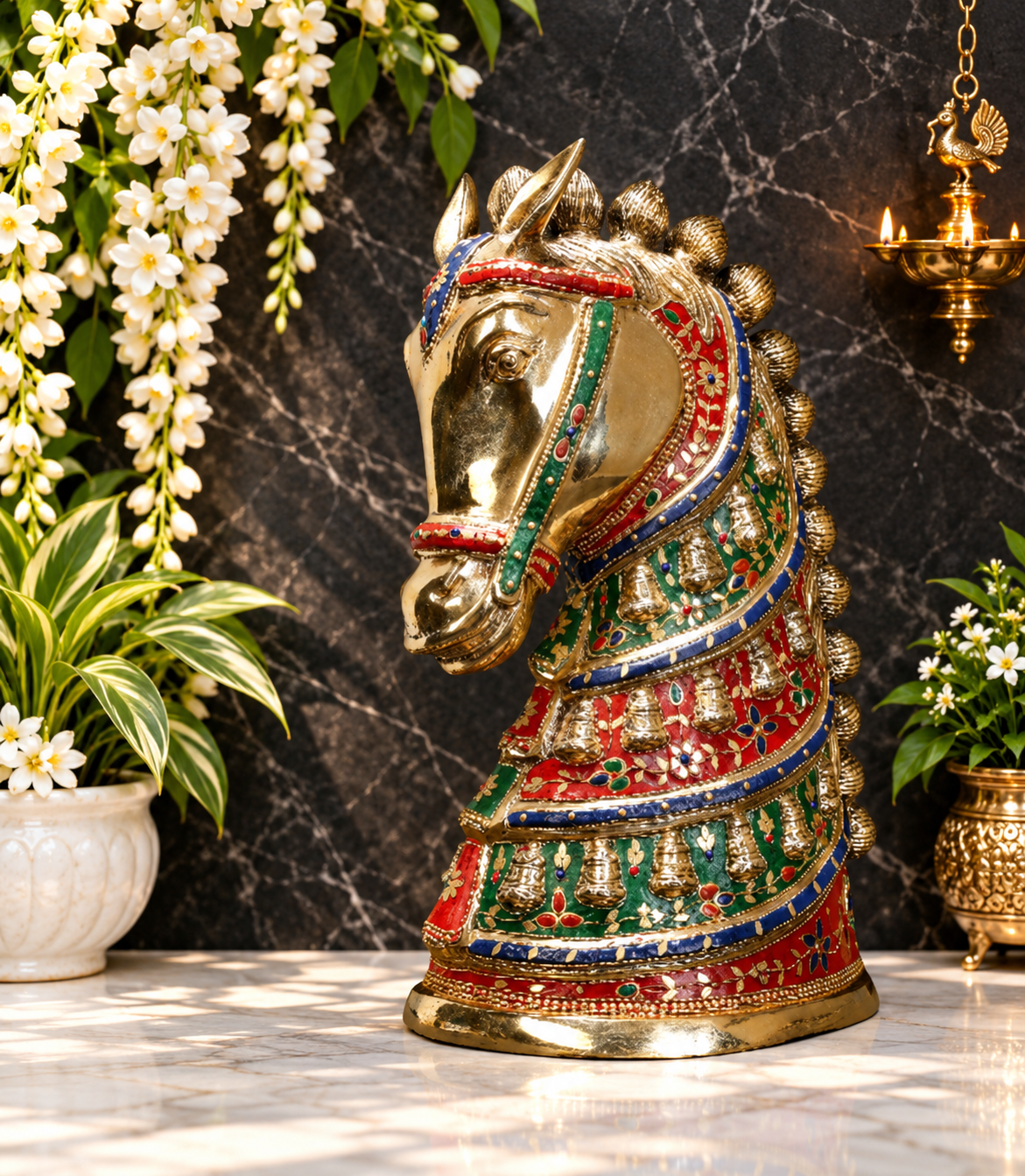 ब्रेसौरा® अलंकृत पीतल का घोड़े का सिर (बस्ट) पत्थर के काम के साथ | शुद्ध पीतल | ऊँचाई 21 इंच और वज़न 20.95 किलोग्राम