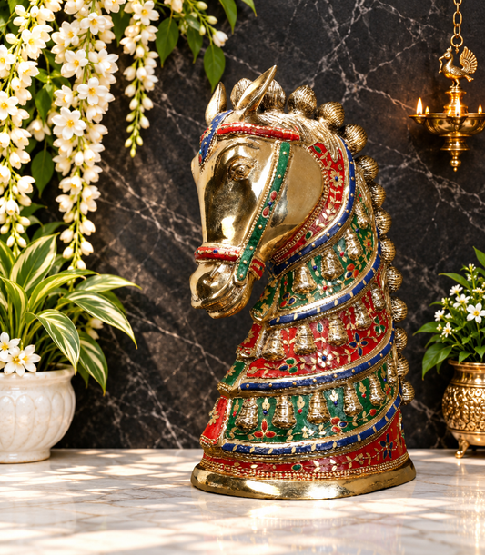 ब्रेसौरा® अलंकृत पीतल का घोड़े का सिर (बस्ट) पत्थर के काम के साथ | शुद्ध पीतल | ऊँचाई 21 इंच और वज़न 20.95 किलोग्राम