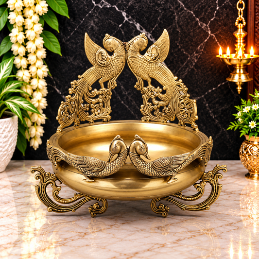 Brassaura® Brass Peacock Urli with Golden Brass Finish | Pure Superfine Brass Handcrafted Murti | Brass Statue for Home Temple, Pooja Room | Height 15 Inches | Weight 11.42 Kgs