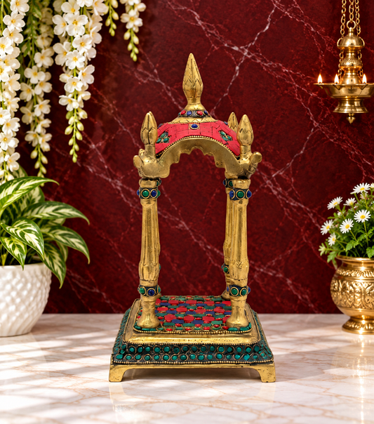ब्रासुरा™ पीतल रत्न स्टोन वर्क मंदिर प्रतिमा - ऊँचाई 10.4 इंच और वज़न 2.3 किग्रा | हस्तनिर्मित मंदिर की मूर्ति,