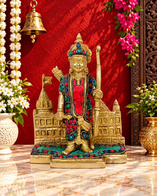 ब्रासौरा™ ब्रास रत्न जड़ाऊ काम रामलला राम मंदिर मूर्ति - ऊंचाई 9.2 इंच और वज़न 2 किलोग्राम | पारंपरिक मंदिर सज्जा