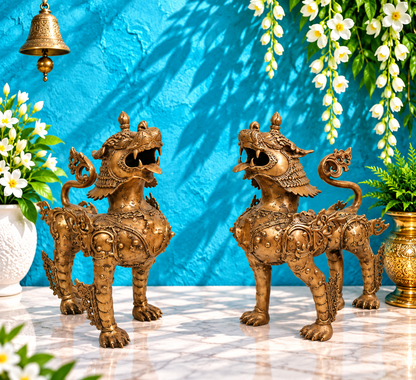 Brassaura® तिब्बती गार्जियन स्नो लायन ब्रास स्कल्पचर | शुद्ध पीतल | ऊंचाई 23 इंच और वजन 41.70 किलोग्राम