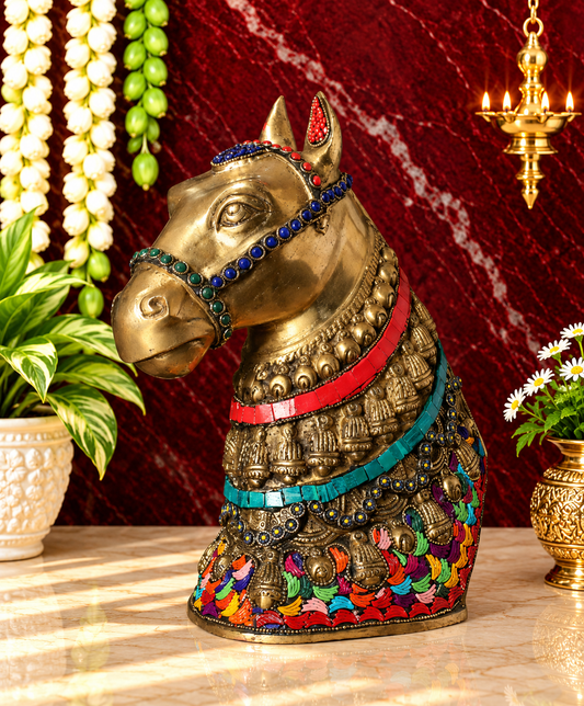 Brassaura® डेकोरेटिव ब्रास हॉर्स बस्ट इनले वर्क के साथ | शुद्ध पीतल | ऊँचाई 10.4 इंच और वज़न 4.25 किलोग्राम