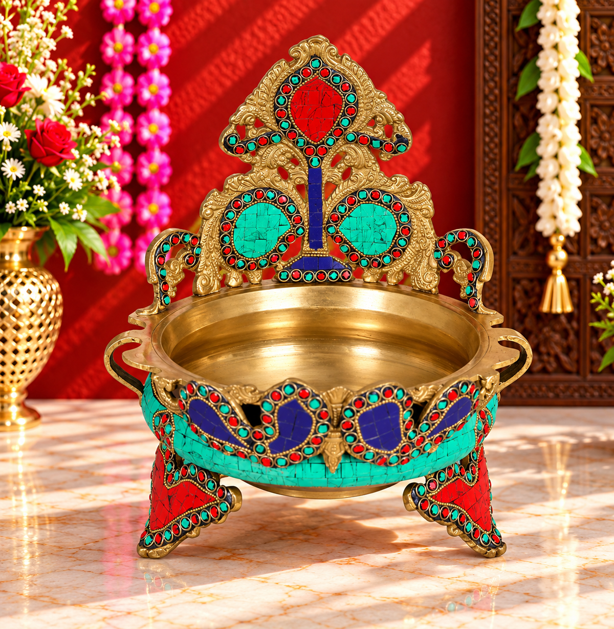Brassaura® डिजाइनर ब्रास अर्ली (Urli) मल्टीकलर इनले वर्क के साथ | शुद्ध पीतल | ऊंचाई 10 इंच और वजन 2.70 किलोग्राम