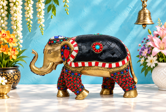Brassaura® Brass Elephant Statue with Gem Stone Work | Handcrafted Decorative Showpiece | Height 7.1 Inches & Weight 3.18 Kgs