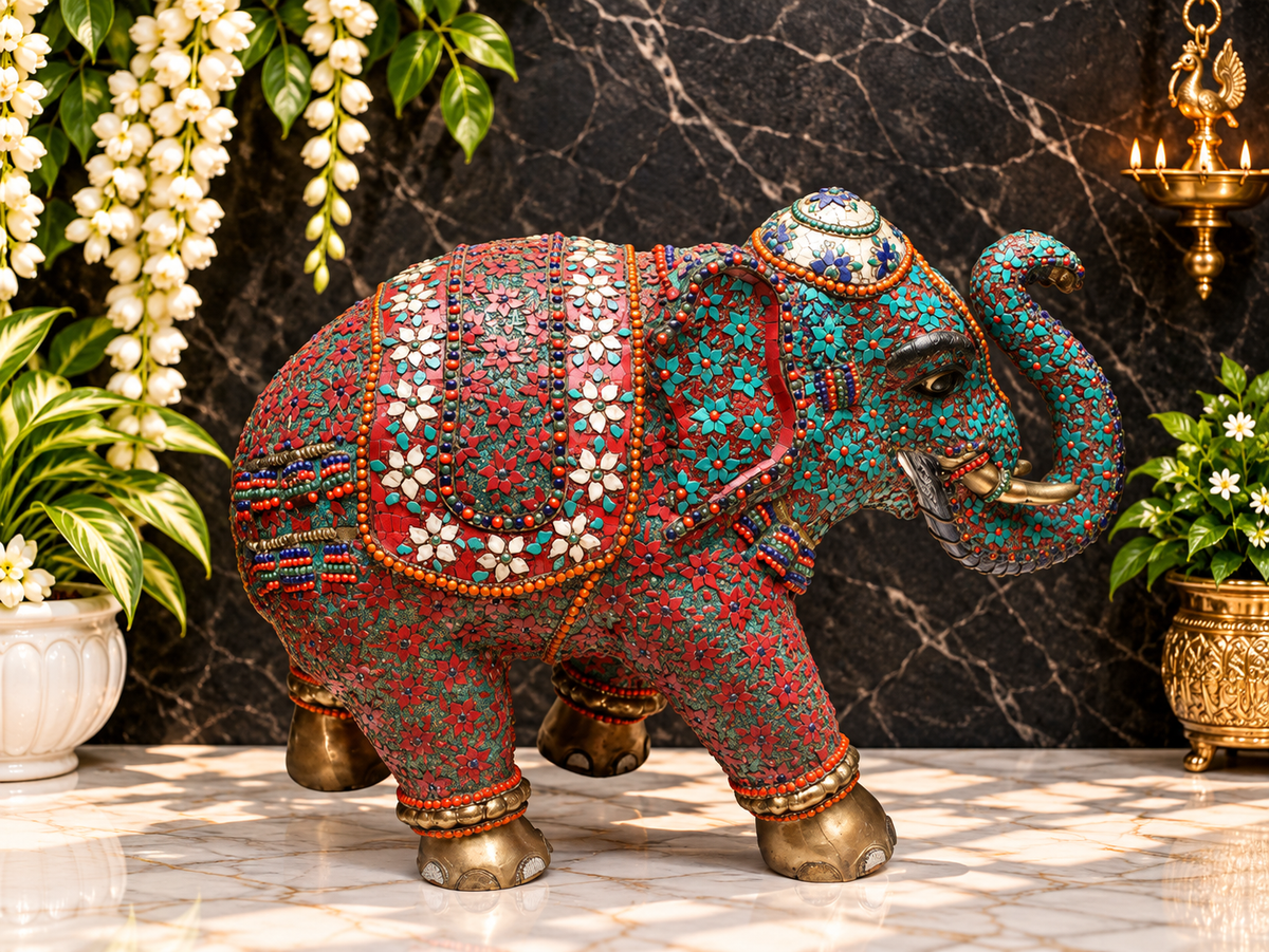 Brassaura® Majestic Elephant Brass Sculpture with Inlay Work | Pure Brass | Height 32 Inches & Weight 53.60 kgs