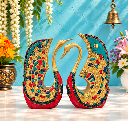 Brassaura® Brass Swan Pair Statue with Multicolor Gemstone Work | Pure Superfine Brass Handcrafted Murti | Brass Statue for Home Temple, Pooja Room | Height 9.84 Inches | Weight 4.8 Kgs
