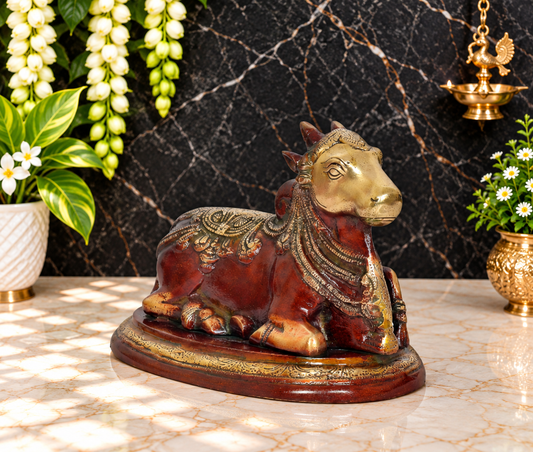 Brassaura® Shiva Seated on Nandi Brass Statue with Multicolor Finish | Pure Superfine Brass Handcrafted Murti | Brass Statue for Home Temple, Pooja Room | Height 6.5 Inches | Weight 3 Kgs