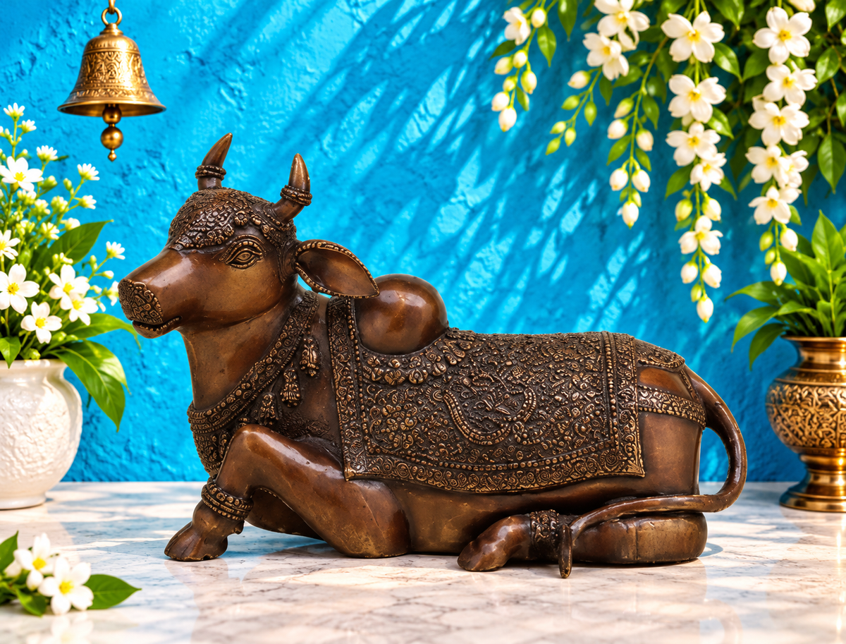 Brassaura® Brass Nandi Statue | 8 Inches Height | 6.06 Kgs Weight | Copper Finish