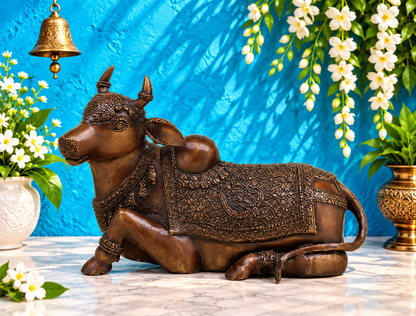 Brassaura® Brass Nandi Statue | 8 Inches Height | 6.06 Kgs Weight | Copper Finish