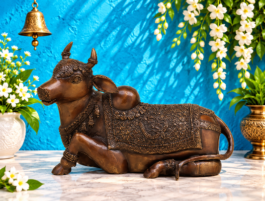 Brassaura® Brass Nandi Statue | 8 Inches Height | 6.06 Kgs Weight | Copper Finish