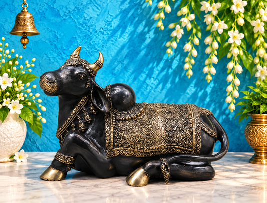 Brassaura® Brass Nandi Statue | 14 Inches Height | 19.29 Kgs Weight | Black Finish with Golden Accents